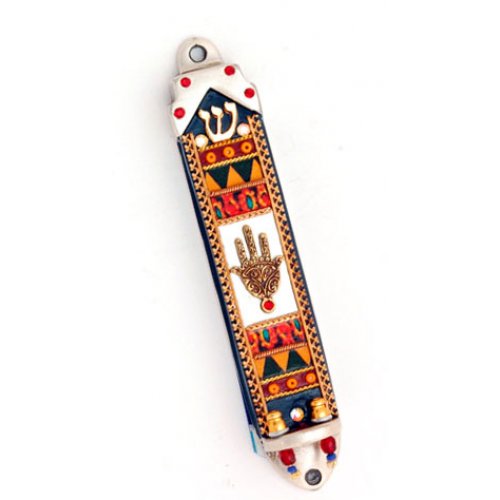 Ester Shahaf Orange Mezuzah with Hamsa