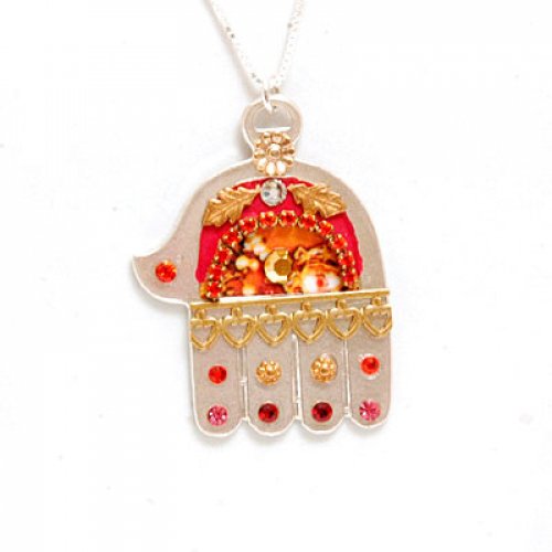 Ester Shahaf Red and Orange Hamsa Necklace