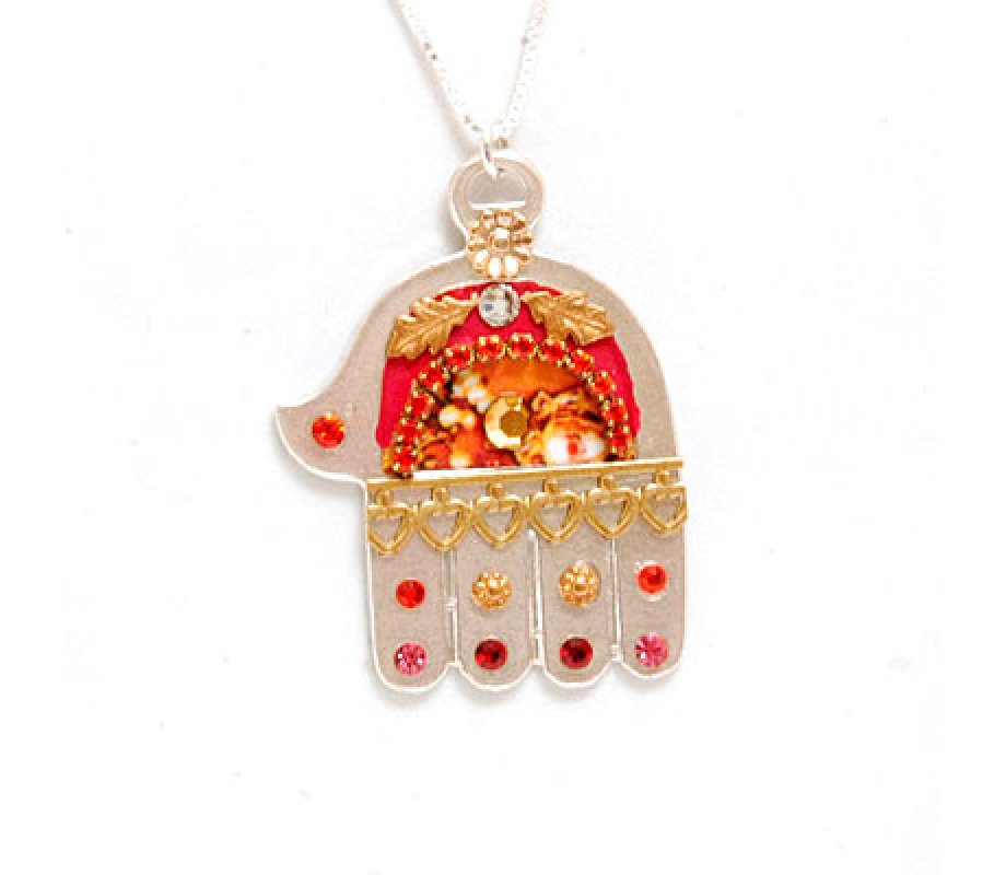 Ester Shahaf Red and Orange Hamsa Necklace