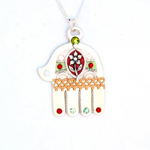 Ester Shahaf Silver Hamsa Necklace with Flower