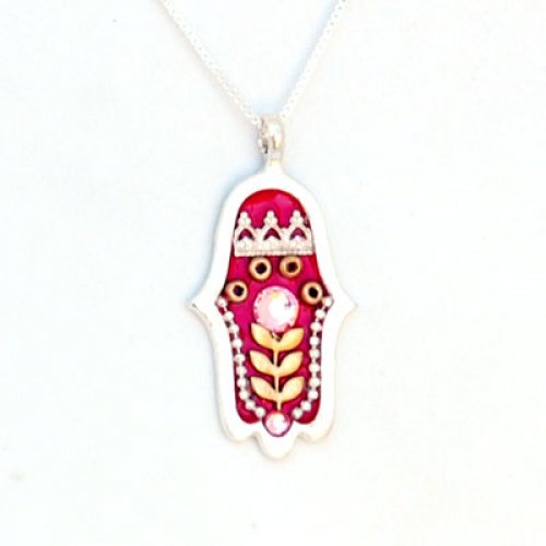 Ester Shahaf Silver Hamsa Necklace with Red Flower