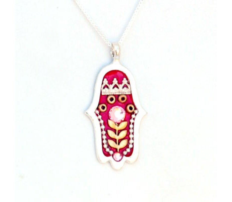 Ester Shahaf Silver Hamsa Necklace with Red Flower