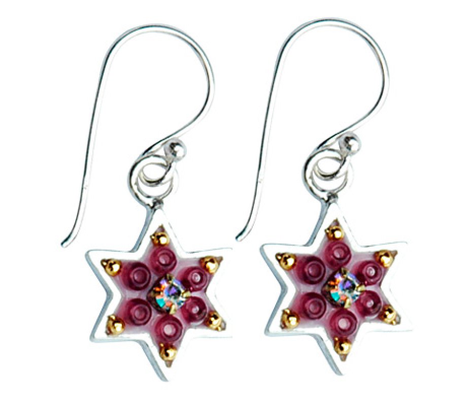 Ester Shahaf red and gold star of David earrings