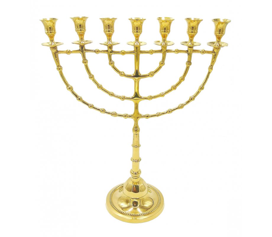 Extra Large Gleaming Gold Colored Brass Seven Branch Menorah on Stem - 18”