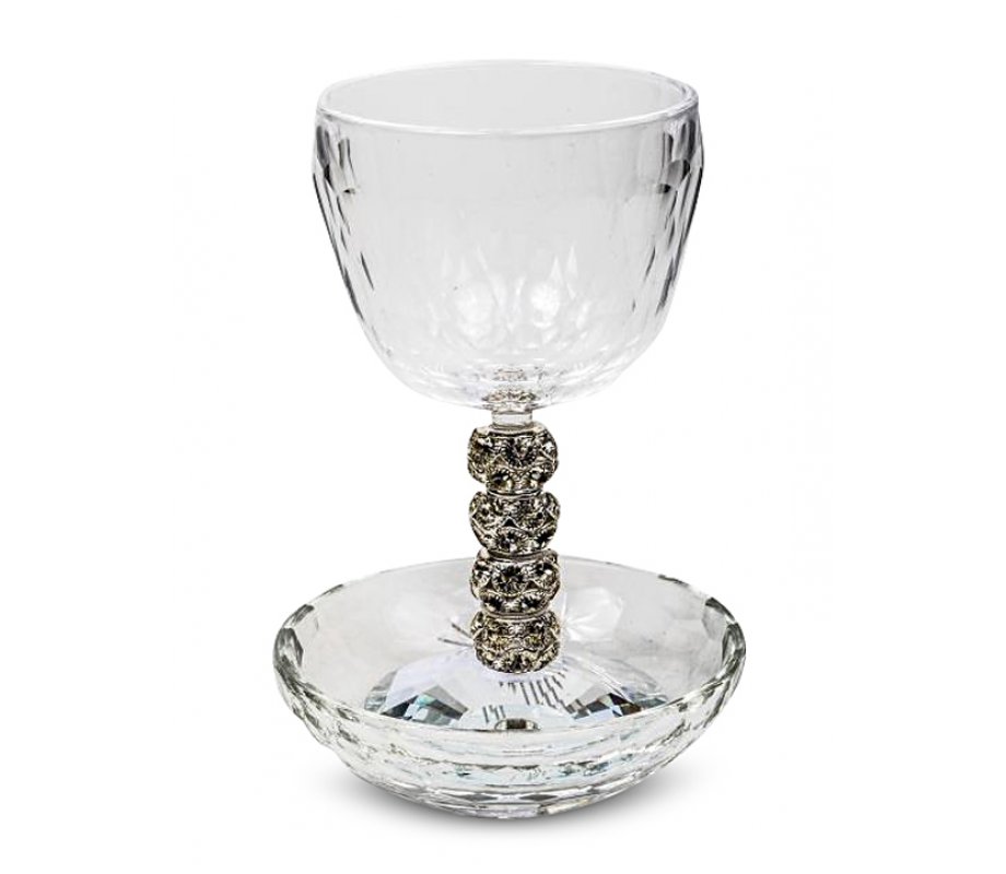 Faceted Glass Kiddush Cup Set with Decorative Silver and Gold Crystal Beads