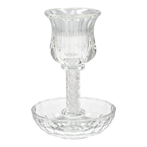 Faceted Glass Kiddush Cup and Plate Decorated with Crushed Clear Stones