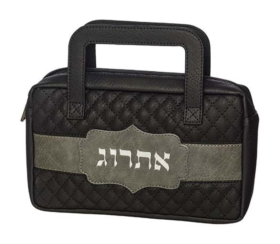 Faux Leather Etrog Holder Bag - Black and Gray Stripe with the word Etrog