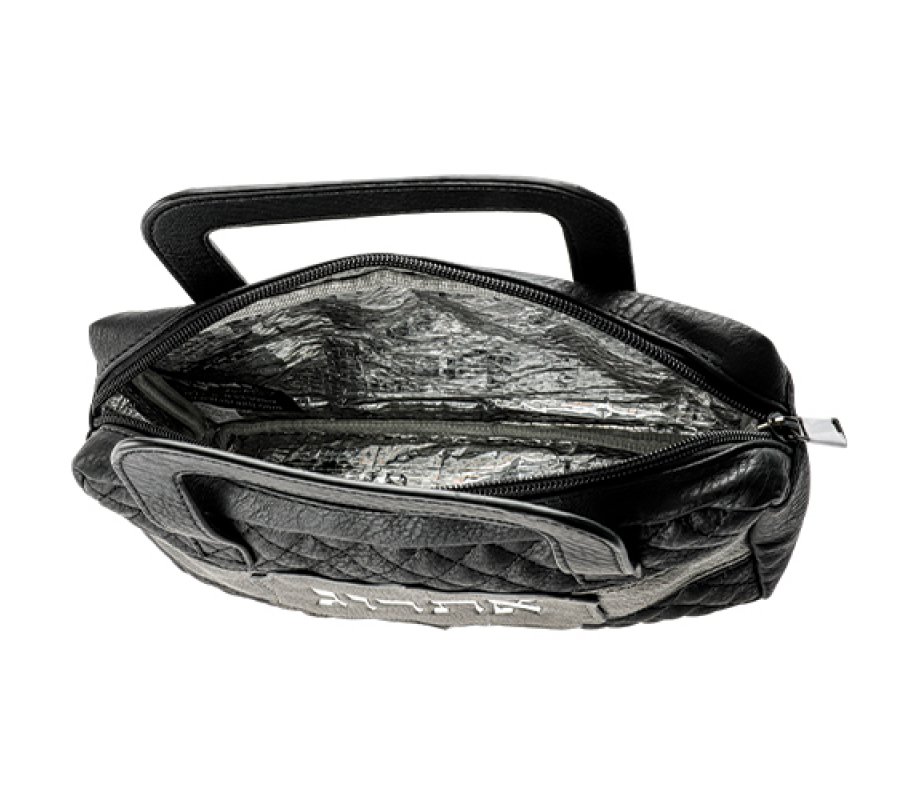 Faux Leather Etrog Holder Bag - Black and Gray Stripe with the word Etrog