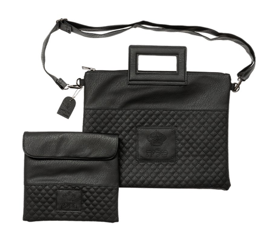 Faux Leather Prayer Shawl & Tefillin Bag with Crown, Handle and Shoulder Strap - Black