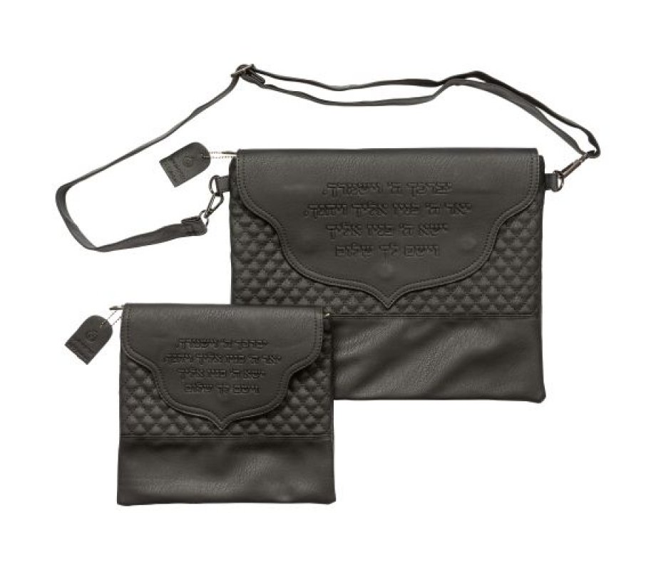 Faux Leather Prayer Shawl & Tefillin Bag with Shoulder Strap, Blessing Words – Black