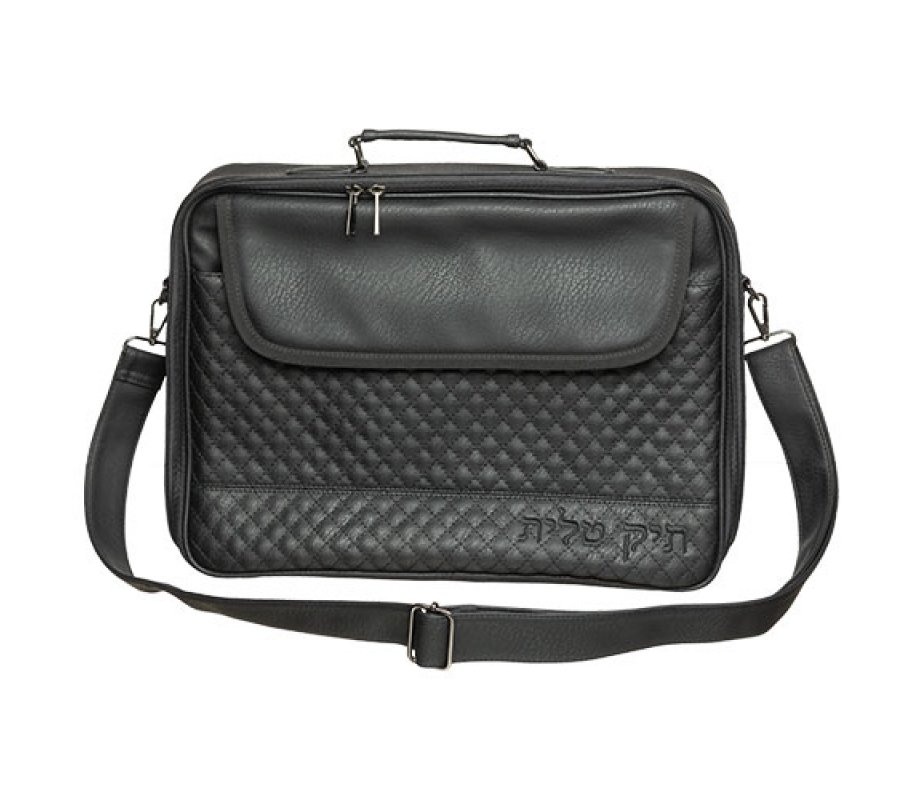 Faux Leather Prayer Shawl Bag with Handle and Carrier Shoulder Strap - Black