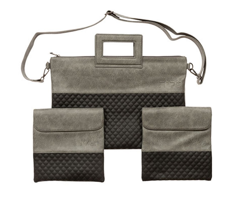 Faux Leather Tallit Bag and Two Tefillin Bags, Shoulder Strap – Black and Gray