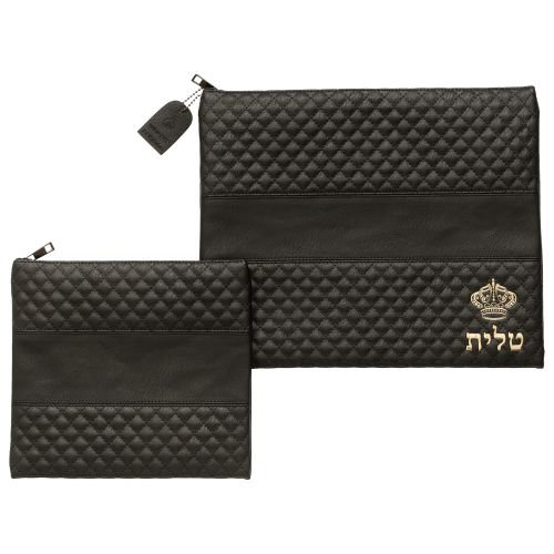 Faux Leather Tallit and Tefillin Bag Set - Black with Crown Design in Gold