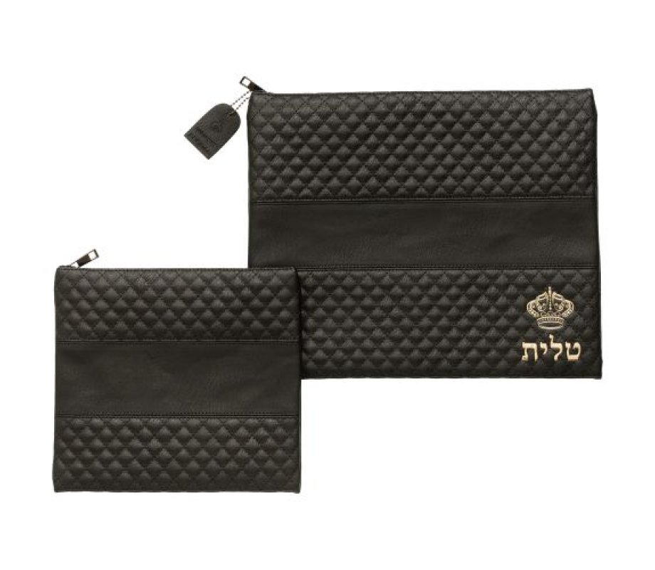 Faux Leather Tallit and Tefillin Bag Set - Black with Crown Design in Gold