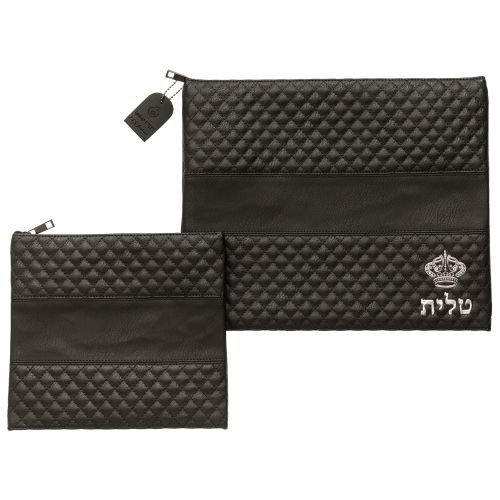 Faux Leather Tallit and Tefillin Bag Set - Black with Crown Emblem Design in Silver