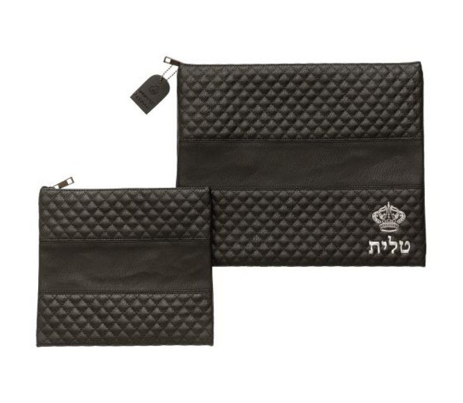 Faux Leather Tallit and Tefillin Bag Set - Black with Crown Emblem Design in Silver