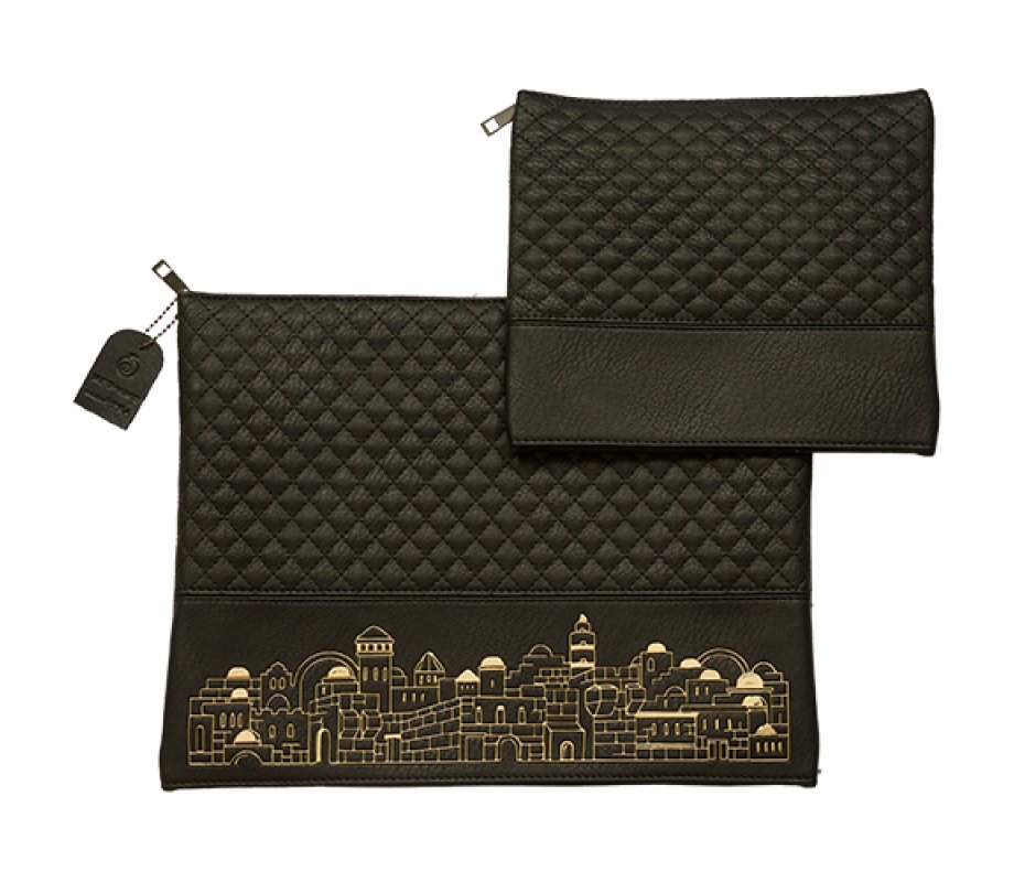 Faux Leather Tallit and Tefillin Bag Set - Black with Gold Jerusalem Images