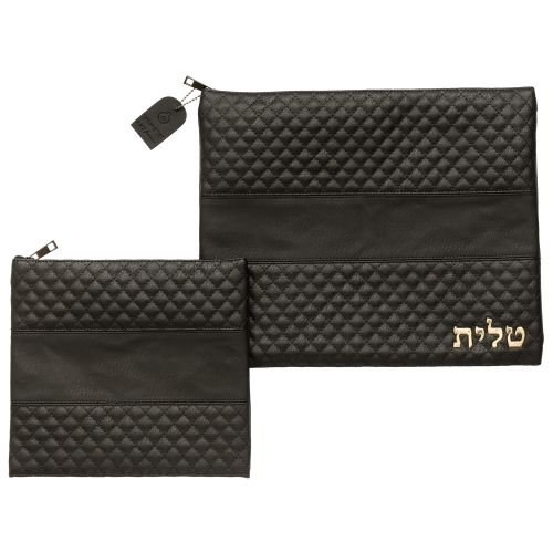 Faux Leather Tallit and Tefillin Bag Set - Black with Tallit Word in Gold
