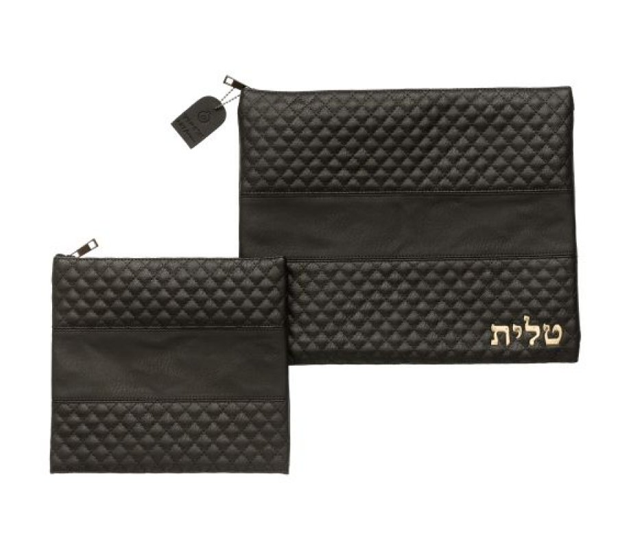 Faux Leather Tallit and Tefillin Bag Set - Black with Tallit Word in Gold