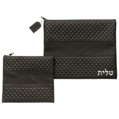 Faux Leather Tallit and Tefillin Bag Set - Black with Tallit Word in Silver