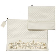 Faux Leather Tallit and Tefillin Bag Set - Off White with Gold Jerusalem Images