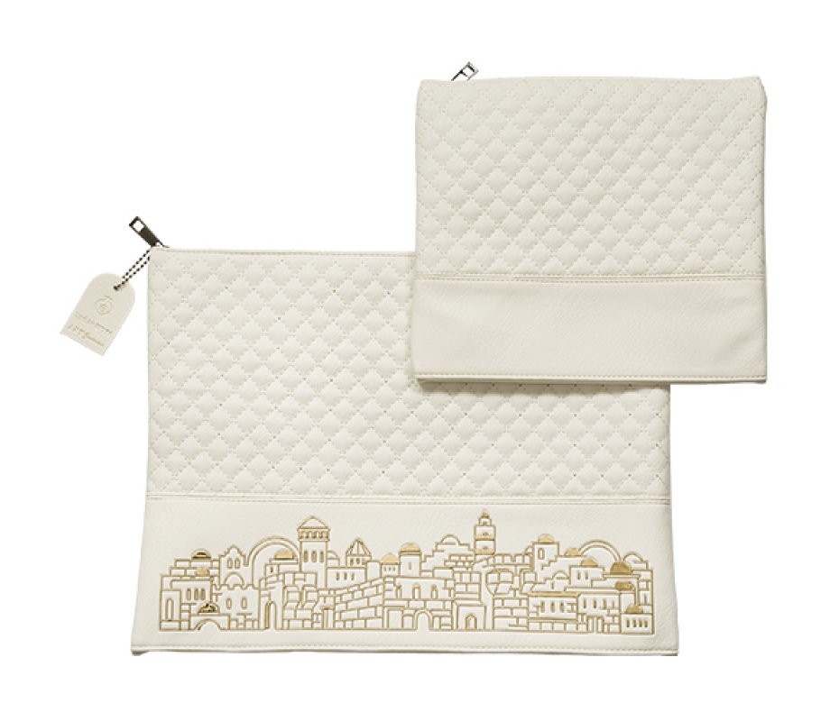 Faux Leather Tallit and Tefillin Bag Set - Off White with Gold Jerusalem Images