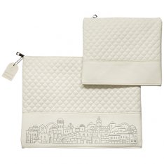 Faux Leather Tallit and Tefillin Bag Set - Off white with Silver Jerusalem Images