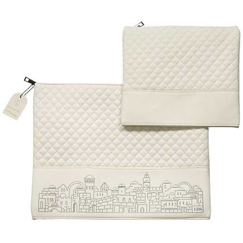 Faux Leather Tallit and Tefillin Bag Set - Off white with Silver Jerusalem Images