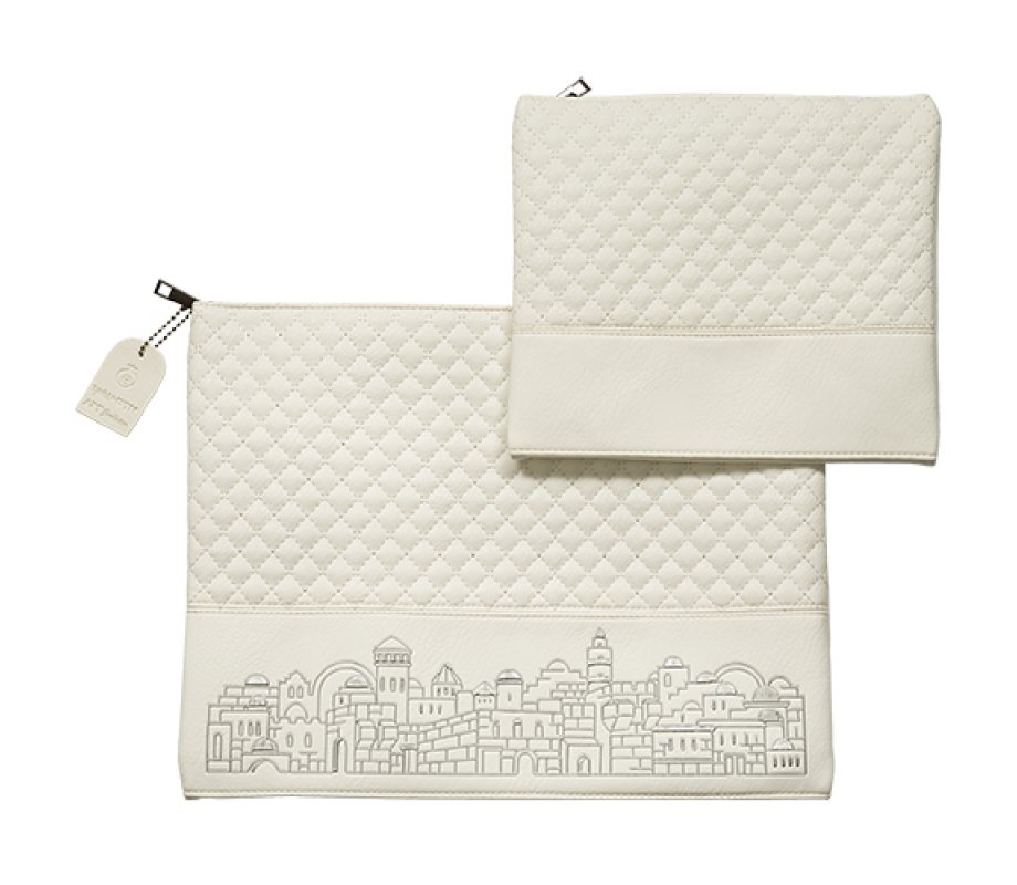 Faux Leather Tallit and Tefillin Bag Set - Off white with Silver Jerusalem Images