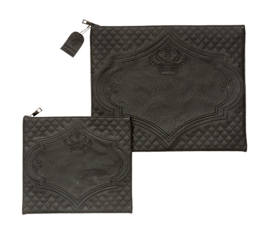 Faux Leather Tallit and Tefillin Bag Set with Embossed Crown in Frame - Black