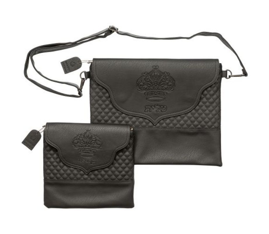 Faux Leather Tefillin & Prayer Shawl Bag with Embossed Crown, Shoulder Strap – Black
