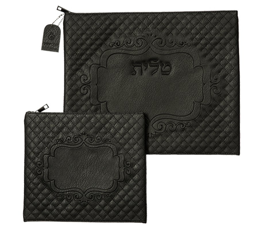 Faux Suede Tallit and Tefillin Bag Set Diamond Design in Black