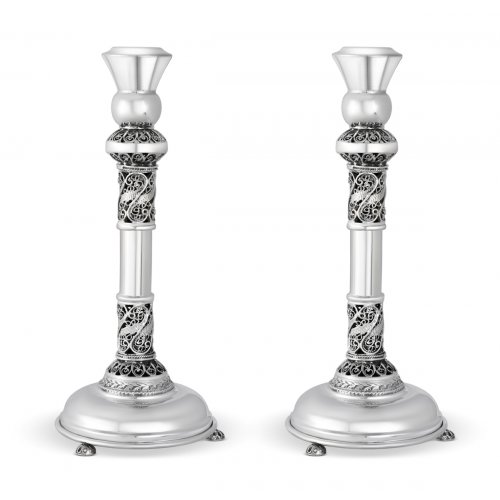 Filigree Decorated Sterling Silver Shabbat Candlesticks
