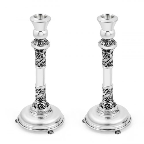 Filigree Decorated Sterling Silver Shabbat Candlesticks