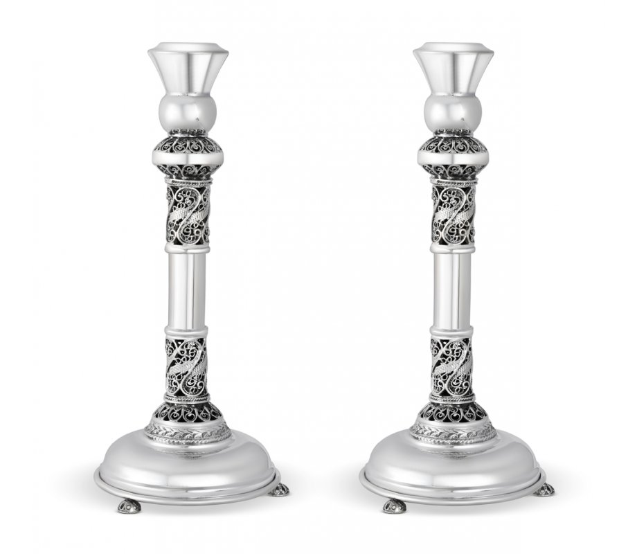Filigree Decorated Sterling Silver Shabbat Candlesticks