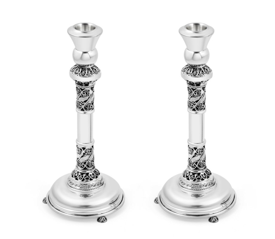Filigree Decorated Sterling Silver Shabbat Candlesticks