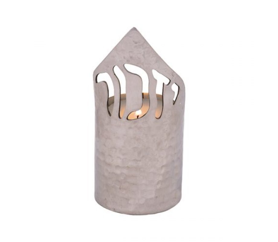 Flame Shaped Yahrzeit Memorial Candle Holder, Cutout Yizkor Hebrew - Yair Emanuel