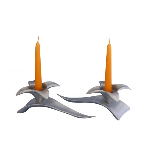 Flower Shaped Candle Holders on Leaf Base - Silver by Shraga Landesman