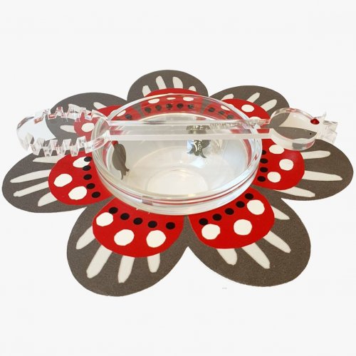 Flower Shaped Honey Dish with Glass Bowl and Spoon, Gray and Red - Dorit Judaica