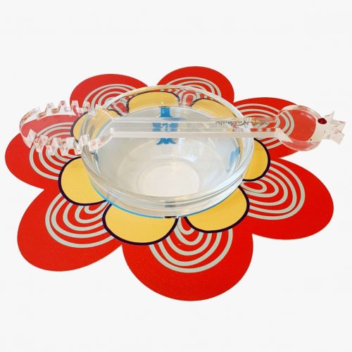 Flower Shaped Honey Dish with Glass Bowl and Spoon, red and Mustard - Dorit Judaica