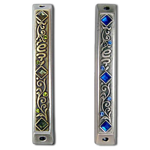 Flowing Design Mezuzah Case with Colored Stones