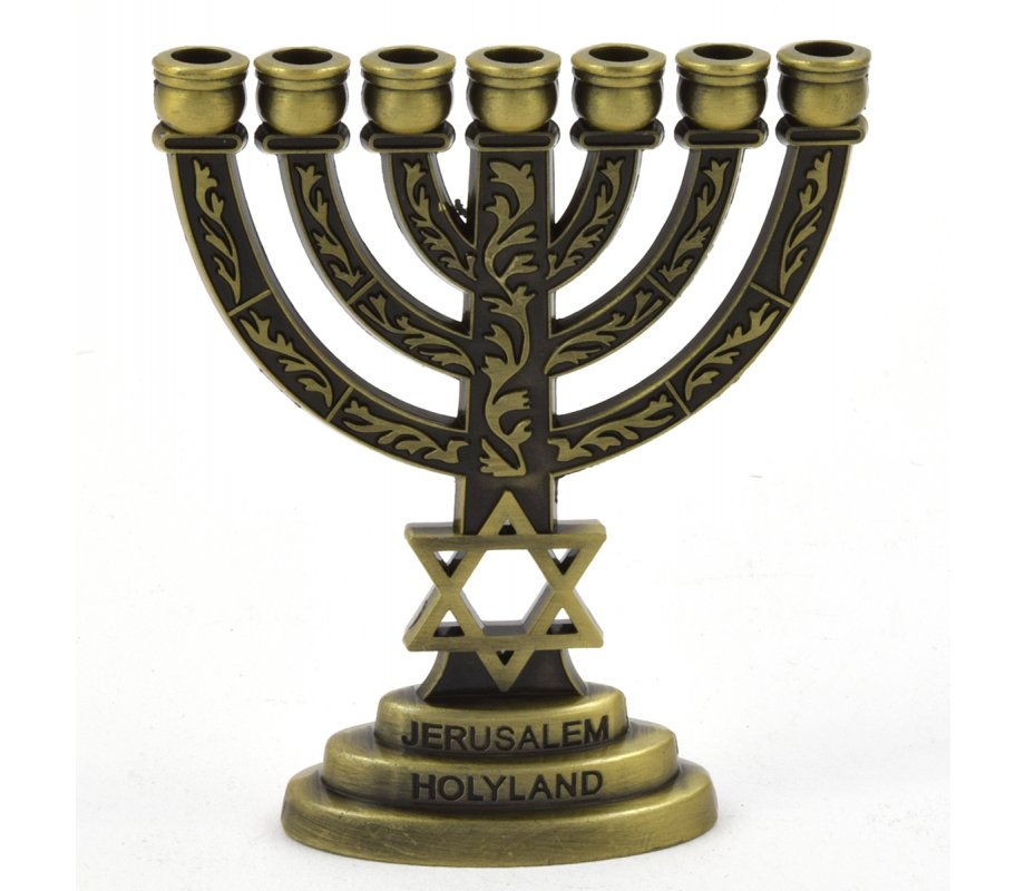 For Decoration, Miniature Seven Branch Menorah with Star of David - Bronze, 2.7 Inches