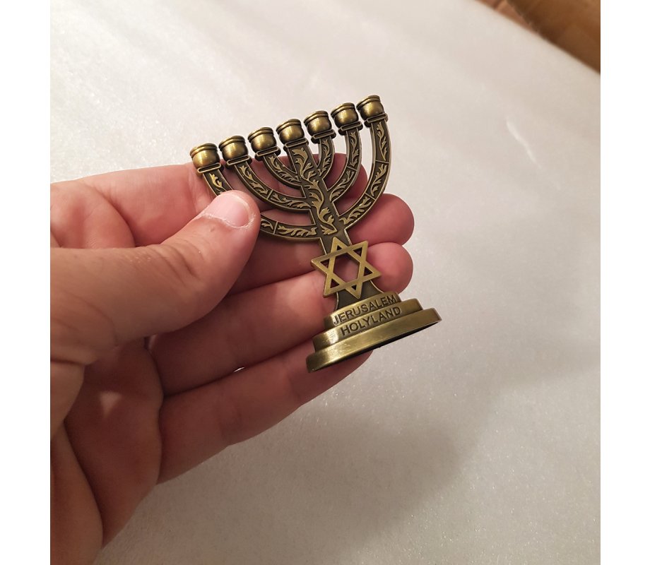 For Decoration, Miniature Seven Branch Menorah with Star of David - Bronze, 2.7 Inches