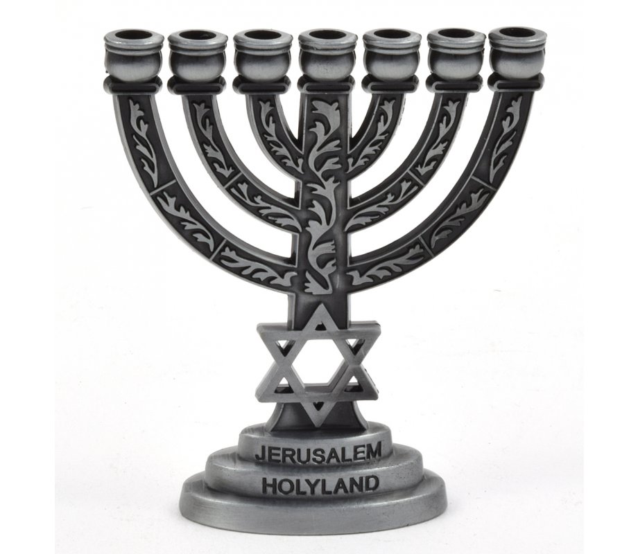 For Decoration, Miniature Seven Branch Menorah with Star of David - Pewter, 2.7 Inches