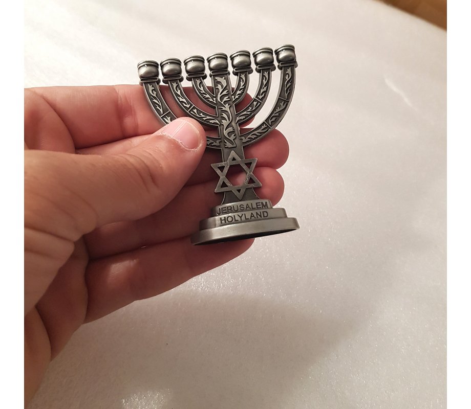For Decoration, Miniature Seven Branch Menorah with Star of David - Pewter, 2.7 Inches