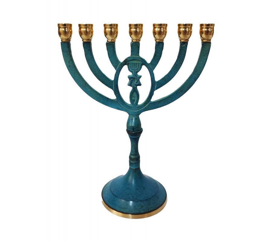 Framed Grafted In Design on Blue Patina Seven Branch Menorah - 8