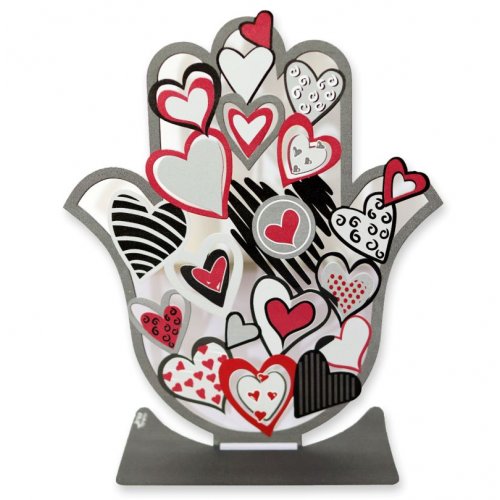 Free Standing Hamsa Sculpture with Red, Black and White Hearts - Dorit Judaica