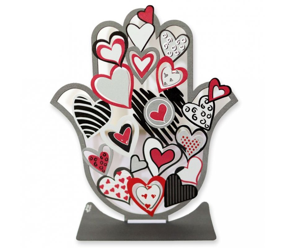 Free Standing Hamsa Sculpture with Red, Black and White Hearts - Dorit Judaica