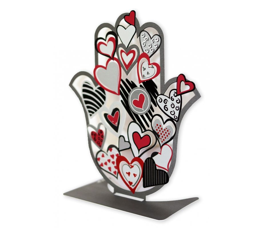 Free Standing Hamsa Sculpture with Red, Black and White Hearts - Dorit Judaica