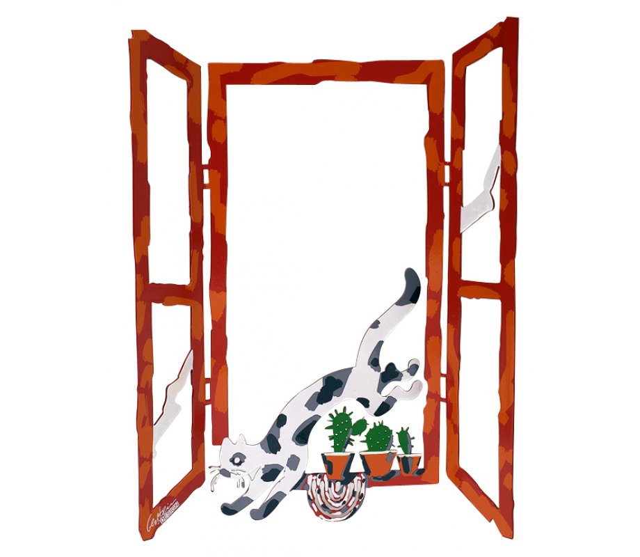 Free Standing Open Window Cat and Cactus Sculpture - Back Home by David Gerstein